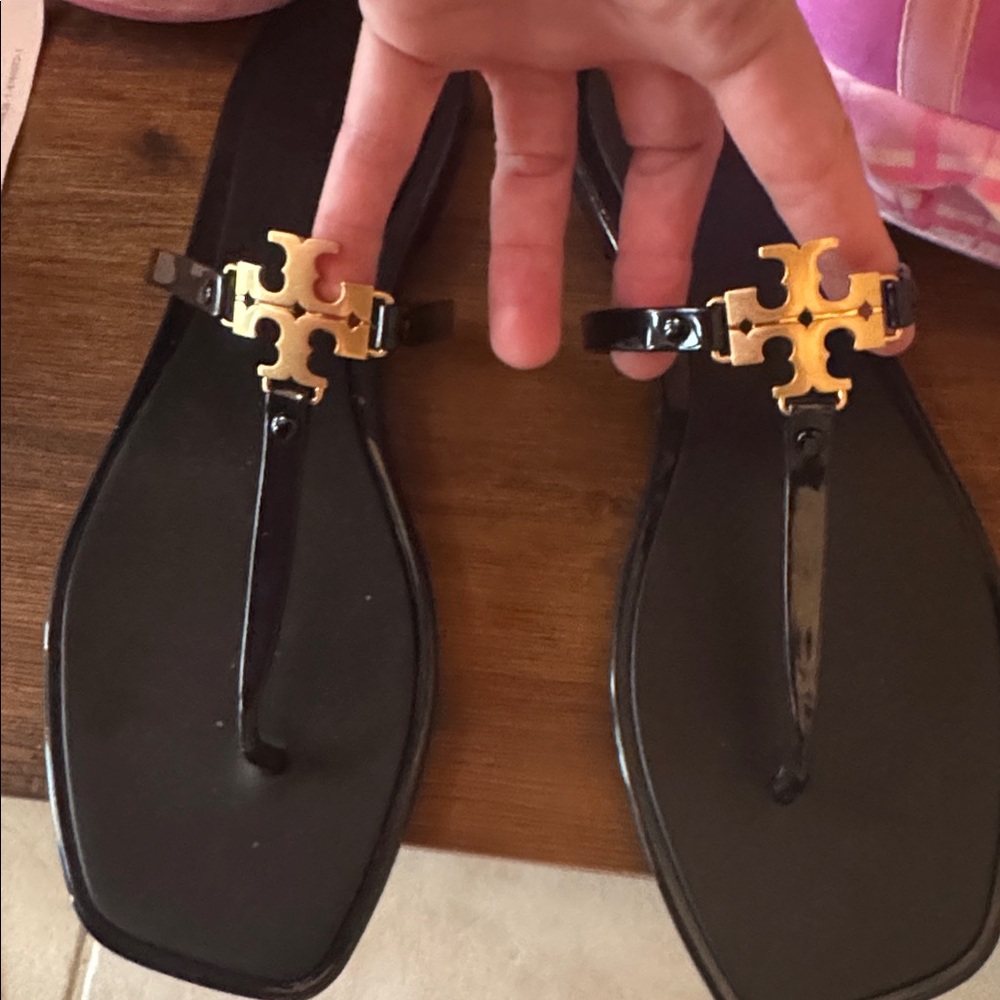 Tory Burch Black Sandals Roxanne Square Toe Thongs with Gold Accent NWOT